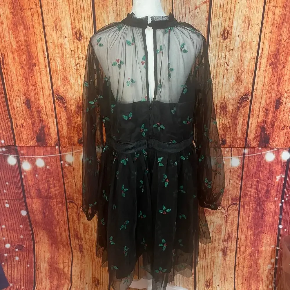NWT Unique Vintage Holiday Dress Size 1X/16 Party Mistletoe Long Sleeve Mesh